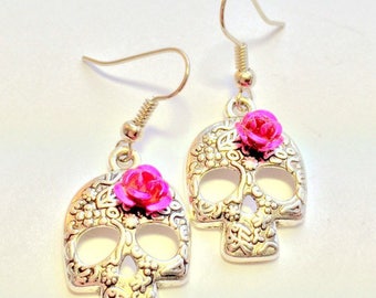 Silver Sugar Skull Earrings Pink Rose Day of the Dead Earrings