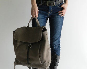 Taupe Brown Unisex canvas backpack, Leather strap laptop Satchel Women travel Rucksack / Canvas diaper bag / Sale 30% - no.102 -TANYA