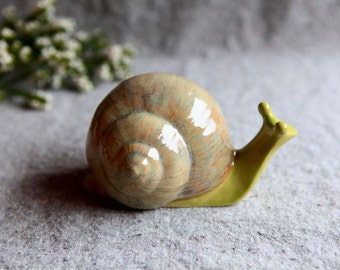 Stoneware Snail in Pear Green and Beige Garden Sculpture (medium)