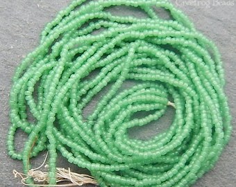 Size 20/0 Antique Micro Seed Beads - Translucent Greasy Pale Jade Green Hank, Collectible Size 20 Vintage Glass Beads - Purse Restoration