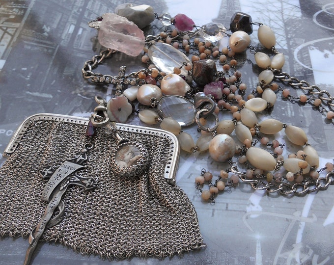 Can't Buy Me Love Antique Sterling Mesh Purse Vintage MOP& Silver Rosary OOAK