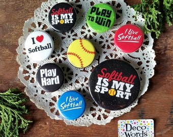 Softball Pins - 8 Friend Favors 2 sizes: 1 medium, 7 small 1 1/4" Pinback Badge Buttons Individually wrapped in clear sleeves for Gifting
