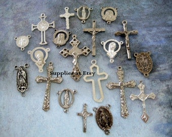 Sale Assortment Catholic Rosary connectors-Crucifixes center pieces-rustic Religious Medal Charms-Silver Rosary Findings-Diy Rosary making