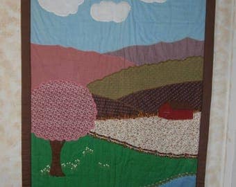 LANDSCAPE QUILT WALLHANGING 66x42 Hand Embroidered Appliqued Tied Quilt