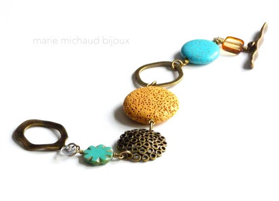 Big bracelet,Boho bracelet,Big boho bracelet,Big bold bracelet,Original bracelet,Boho jewelry,Turquoise and yellow bracelet,Summer jewelry