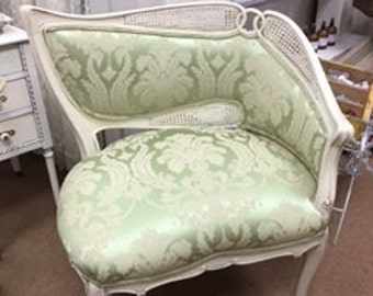Cane Back Curved Chair with Green Damask