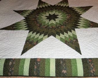 Twin Bed Quilt, Lap Size, Lonestar, Star of Bethlehem. Machine Quilted. 62x72 Inches, Handmade, Green White