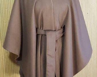 Taupe wool cape with self belt and stand up collar