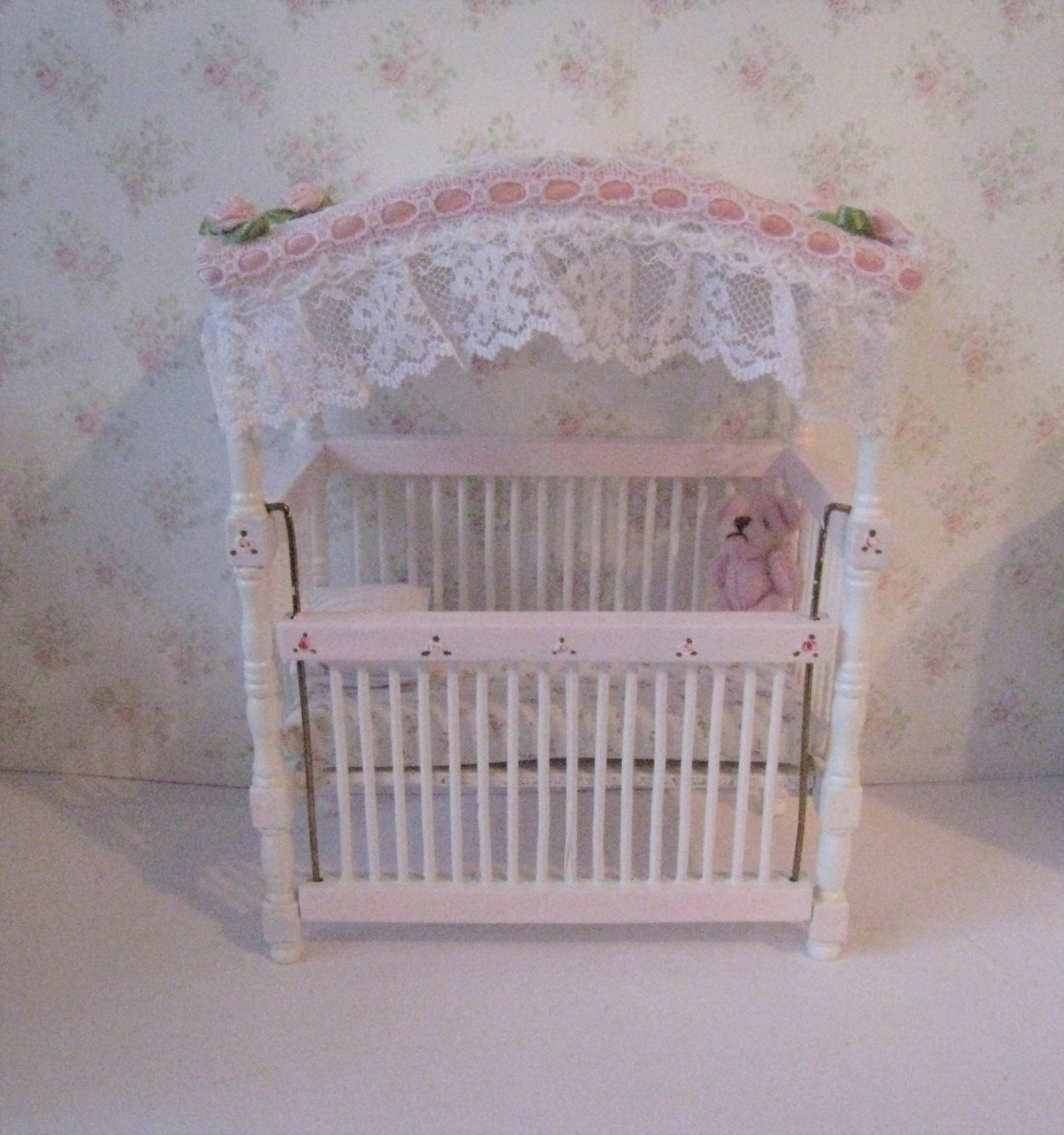 Miniature Crib Dollhouse Cot Childs Crib Pink And White