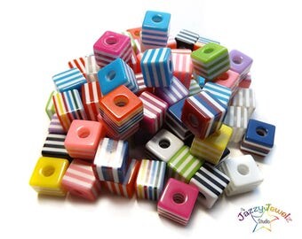 10mm Striped Cubic Resin Beads in mixed colors - Pack of 10, 50 or 100 Resin Beads