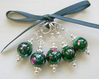 Green Splatterglass Stitch Markers for Knitting or Crochet