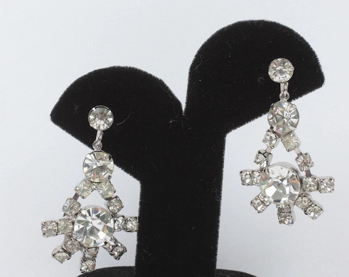 Clear Rhinestone Dangle Earrings Large Glitzy Screw Back