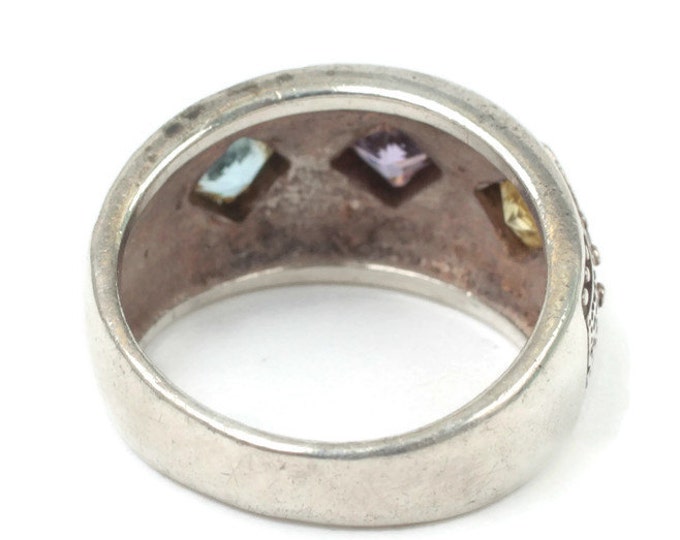 Three Gemstone Sterling Ring Peridot Amethyst Blue Topaz Size 6 1/4