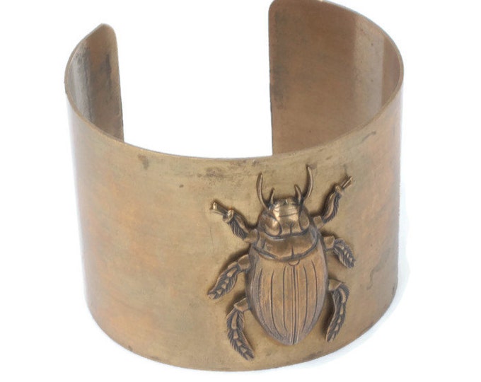 Brass Beetle Cuff Bracelet Vintage Dimensional Insect Jewelry
