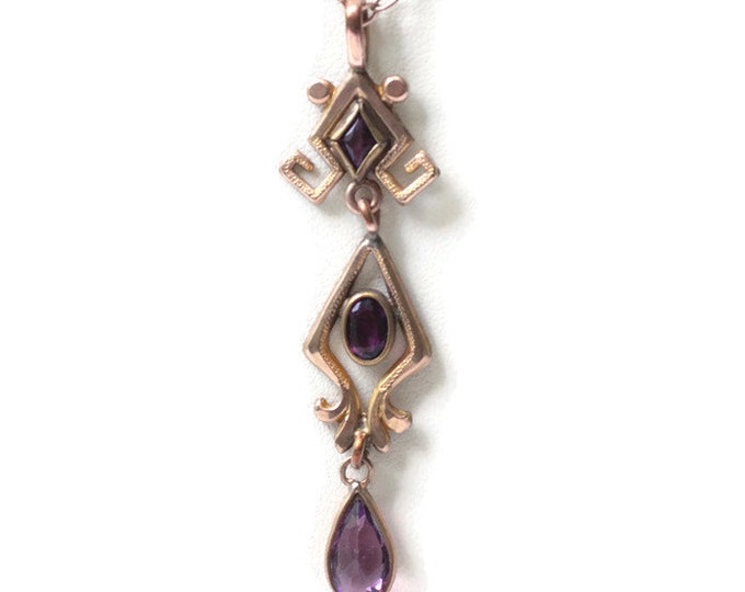 Glass Amethyst Pendant Necklace Transitional Edwardian Gold Filled Chain
