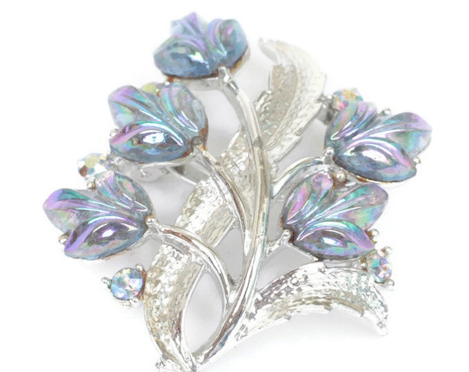 Blue Aurora Borealis Rhinestone Brooch Floral Design Vintage