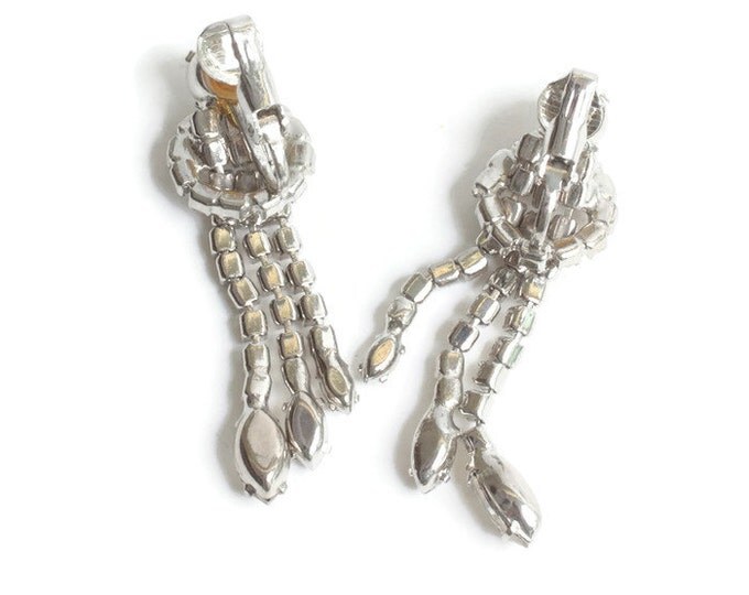 Clear Rhinestone Dangle Earrings Circle Top Three Dangles Crystals Clip On Style Bridal Vintage