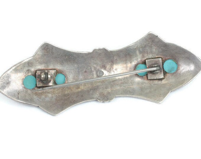 CIJ Sale Sterling Silver Etched Brooch Bar Pin Southwestern Western Clear Gemstone Turquoise Beads Vintage