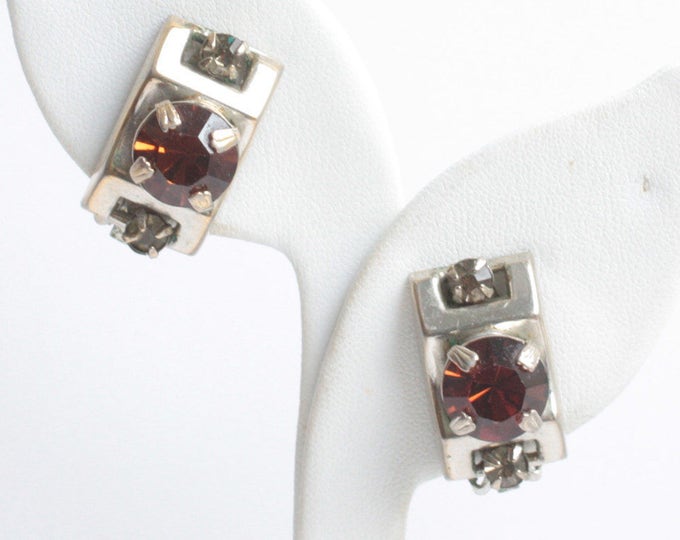CIJ Sale Topaz and Clear Rhinestone Earrings Chunky Bold Clip On Vintage