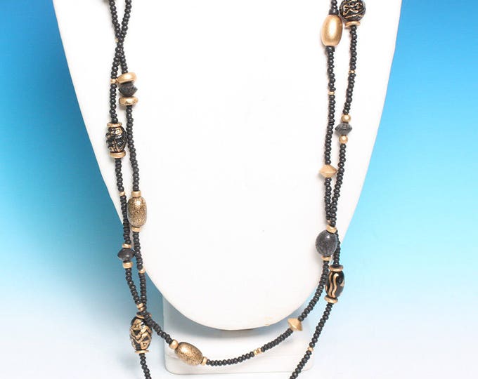 Black Bead Necklace Gold Painted Wooden Beads 60 Inch Long Boho Bohemian Vintage