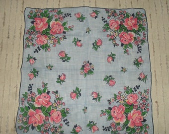 Vintage Hankie Handkerchief - Pink Roses Pattern - Blue / White checked background
