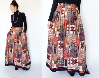 vintage 70s quilt PATCHWORK print HIPPIE maxi skirt M