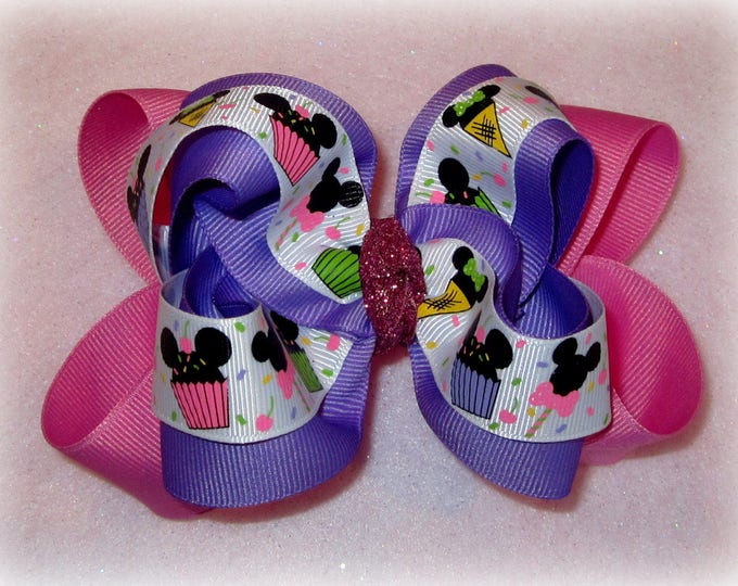 Minnie Mouse Boutique Hair Bows Birthday Cupcake Double Layered Hairbow Pink Purple Princess Big Stacked Clip or Headband 2 sizes available