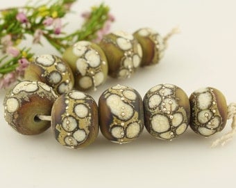Lampwork Glass Bead Set SRA Organic Rustic, Olive Green, Ivory, Gray, Silver