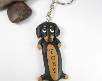Dachshund Keychain Personalized custom keychain key chain ring Dachshund gifts name tag dog lover gifts dog polymer clay black unique doxie