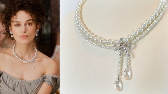 Anna Karenina Pearl Crystal Bow Necklace n429 by DBakerJewelry