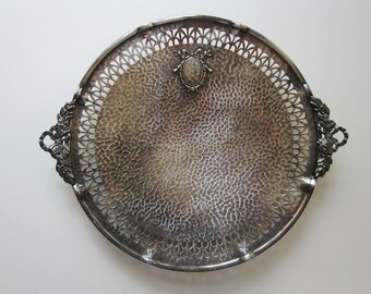 vintage silver plated tray - hammered finish, pierced tray, footed tray - bow handles
