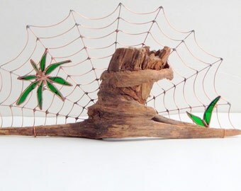 Wire Spider Web On Driftwood Desktop Structure Stained Glass Leaves on Wire Web Unique One of a Kind Nature Prop Rustic