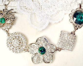 OOAK Vintage Emerald Green & Clear Rhinestone Bridal/Bridesmaids Bracelet, Couture Heirloom Cluster Earring Bracelet, Mother of Bride Gift