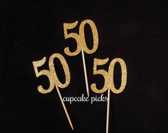 50th Cupcake Picks, 50th Cupcake toppers, 50th Birthday Party Decorations,Gold Glitter 50th Cupcake Toppers