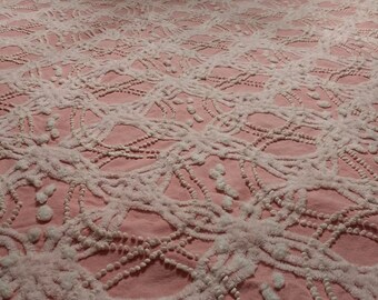 Vintage Cabin Craft Chenille Bedspread / Double Wedding Ring with Needle Tufts, Pops & Double Braided Fringe / Salvaged Bedspread