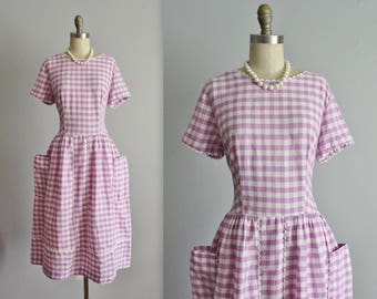 50's Gingham Dress // Vintage 1950's Purple White Gingham Cotton Full Garden Party Picnic Dress L