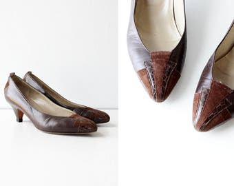low heel brown pumps