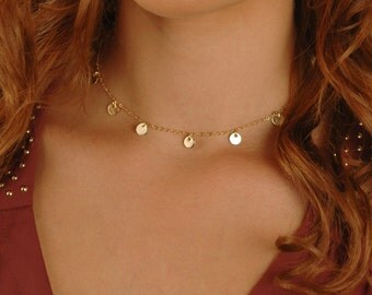 Gold Coin Drop Necklace, Tiny Disc Choker, Tiny Disc Necklace, , 14k gold filled, Sterling Silver, or Rose Gold Filled, Layering Jewelry