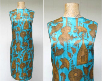 Vintage 1960s Dress / 60s Rayon Musical Instrument Novelty Print Sheath / Medium