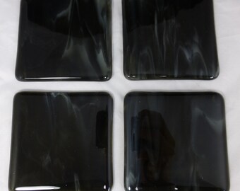 Fused Glass Coasters with Contemporary Black and White Streaky Art Glass - set of 4