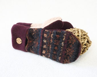 Felted Sweater Mittens BURGUNDY & TAN Fair Isle Sweater Wool Mittens Fleece Lined Gloves Mitts Gift Under 50 for Women by WormeWoole