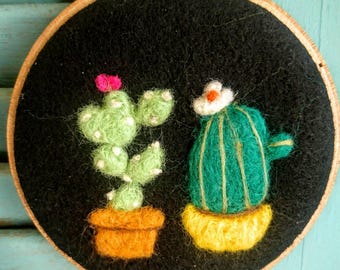 Felt Cactus Art. Embroidery Hoop Art. Felt Cactus. Felt Succulents. Folk Art. Wool Art