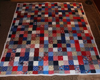 Queen Size Quilt - Americana Patchwork Quilt - Red, White & Blue - Handmade Quilt - READY TO SHIP Oversize Queen Bed Quilt 92.5" x 103"
