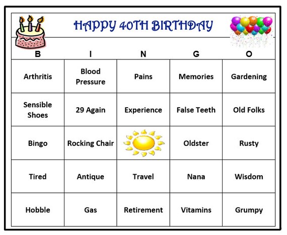 40th Birthday Party Bingo Game 60 Cards Old Age Theme Bingo 40th Birthday Party Bingo Game 60 Cards Old Age Theme Bingo