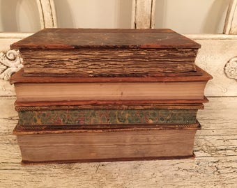 Antique Farmhouse Book Stack from the 1800s - Tattered, Distressed Leather Books - Rustic Leather Books