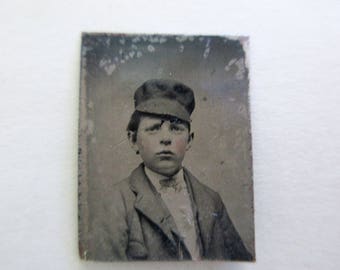 antique miniature gem tintype photo - 1800s, young boy with cap
