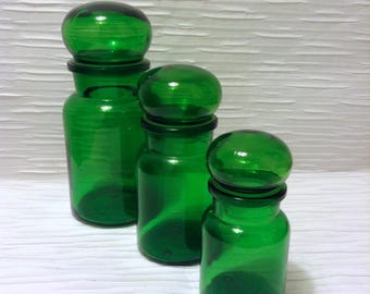 Vintage Apothecary Jar set. Green glass made in Belgium. Panton era. Mid century Kitsch. 1970.
