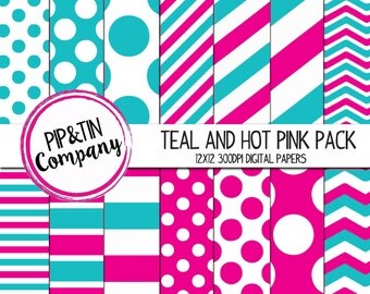 Teal and Hot Pink Digital Paper Pack, Scrapbook Paper, Pink, Blue, Instant Download, Polka Dots Stripes