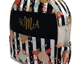 Personalized Toddler Backpack, Preschool Backpack, Black White Stripe Backpack, Feather Backpack, Metallic Gold Backpack, Quilted Backpack
