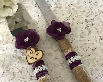 Wedding cake knife set, Rustic cake knife set, Burlap cake knife & server set,Plum purple cake knife set,Wedding Accessory,YOUR CHOICE COLOR